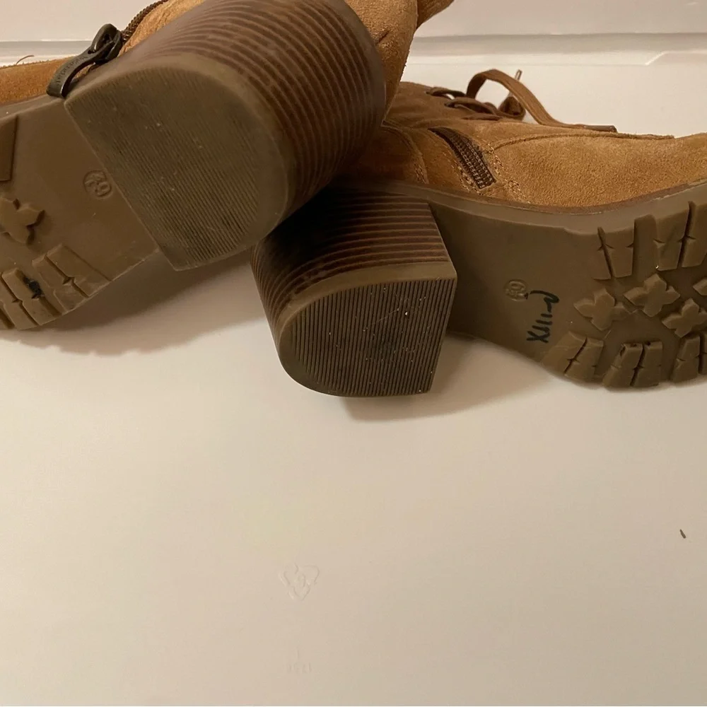 Genuine Suede Leather Ankle Boots Booties Lace/Zip Up Rubber Sole Camel/Tan